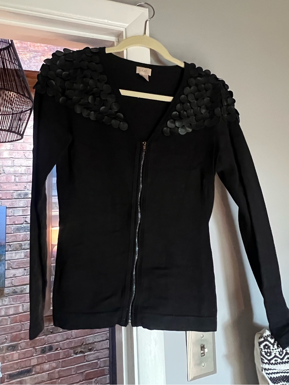 H&M Black Knit Faux Leather Palliette Cardigan. US 8.